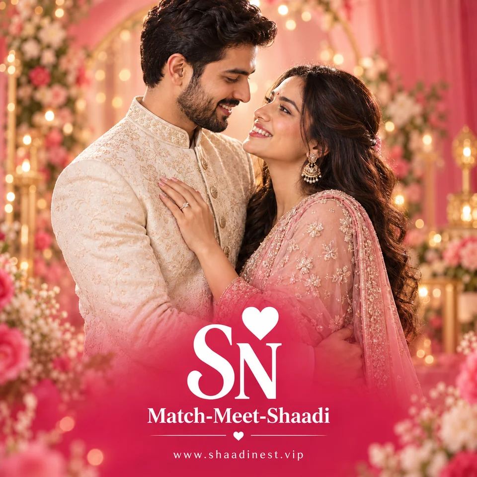 A couple celebrating together, with the Shaadi Nest Match-Meet-Shaadi logo